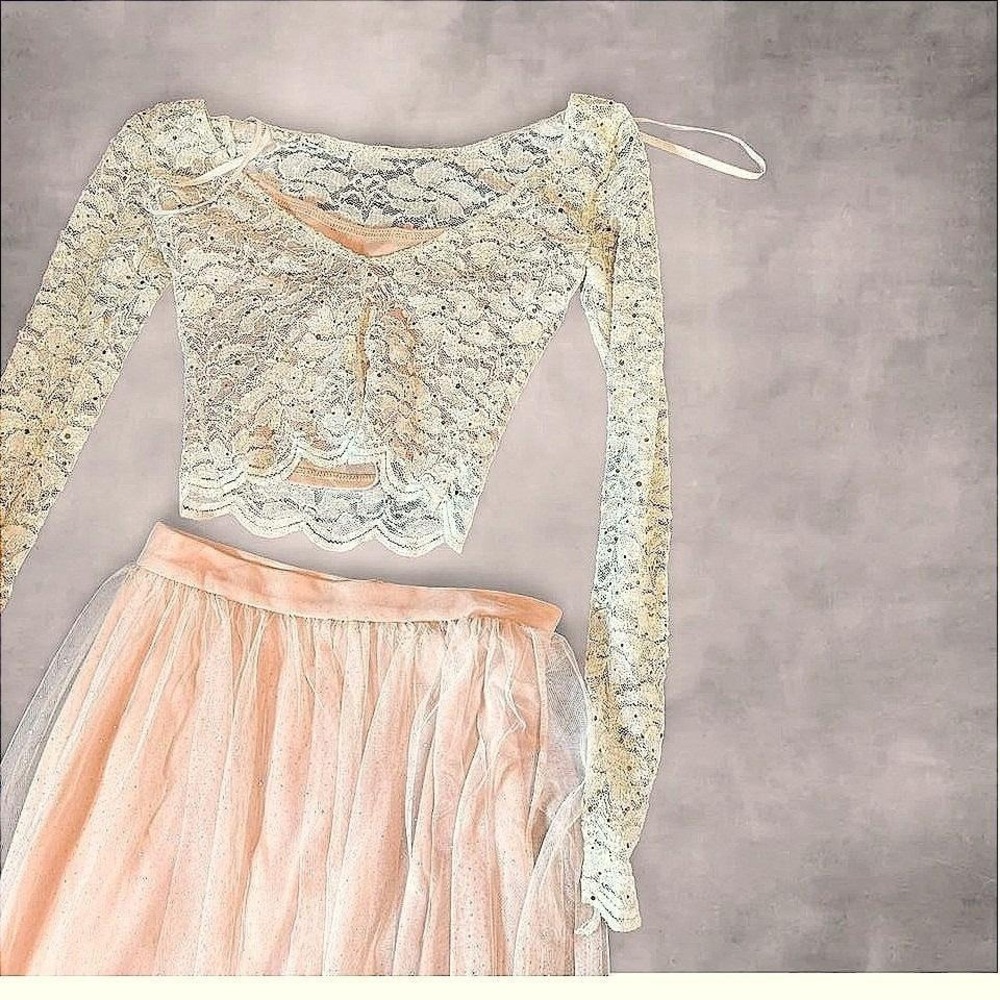 Jump Apparel Peach Lace Sequin Crop Top and Glitter Tulle Maxi Skirt Set 1/2